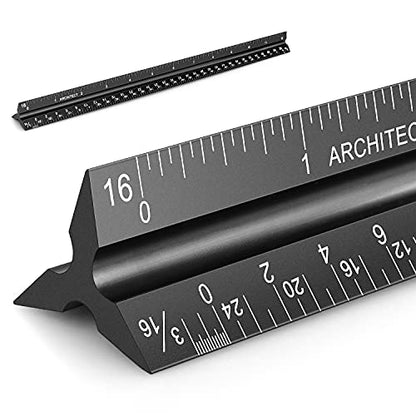 12" Architectural Scale Ruler Aluminum Architect Scale Ruler, Black | Triangular Scale Ruler for Architects, Draftsman, Students and Engineers - color: Black