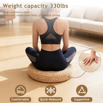 Straw Cushion Floor Pillow Japanese Style Handcrafted Tatami Floor Cushion Mat Natural Woven Grass Seat Cushions Round Padded Room Floor Straw Mat for Home 45cm - size: 44*44*5cm