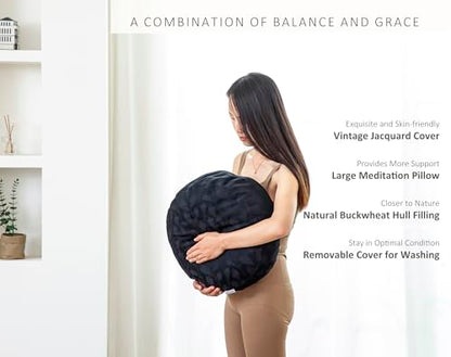 Meditation Cushion, Comfortable Meditation Pillow with Peacock Feather Jacquard Cover. Buckwheat Hull Filled Zafu Floor Pillow 16 * 16 * 5 in - color: Black