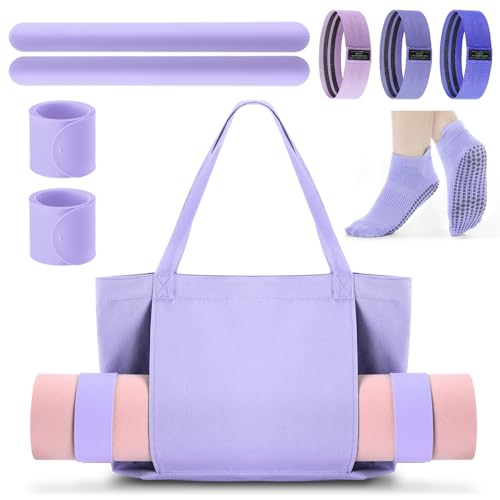 Halloscume Yoga Mat Bag Set for Women Including Yoga Tote Bag (Without Mat) Booty Resistance Bands Non Slip Sports Socks Silicone Ties for Pilates Travel Workout Office Home Gym - color: Purple