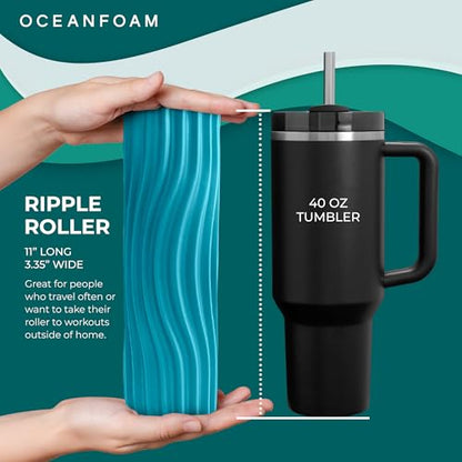 Oceanfoam Ripple Travel Foam Roller (11" x 3.35") Firm Mini Foam Roller for Physical Therapy, Deep Tissue Massage, Back Pain, High Density, Ergonomic Wave Textured, Yoga, Pilate, Exercise (Miami Blue) - color: Miami Blue