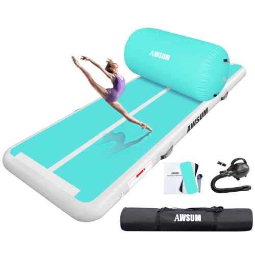 AWSUM Inflatable Gymnastics Mat with Air Roller Barrel Tumbling Equipment - color: Mint Green/White+Green/Black Roller, size: 10ft*3.3ft*4in&(L)40in*(Diam)23.6"