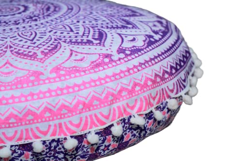 CRAFT KALA Round Mandala Boho Pillow Cover Meditation India Room Seating Poufs Cover for Living Room Yoga Room Home Décor Bedroom Balcony Garden Decoration Cotton Floor Cushion Cover (22", Pink Ombre) - color: Pink Ombre, size: 22"