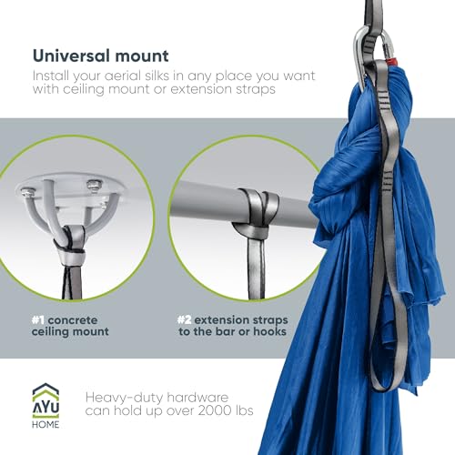 AyuHome Aerial Silks Yoga Swing Aerial Hammock Kit for Home | Premium aerial silks yoga swing kit with rigging hardware for aerial yoga, gymnastics, and home fitness - color: Aerial silk - Precious Blue - New