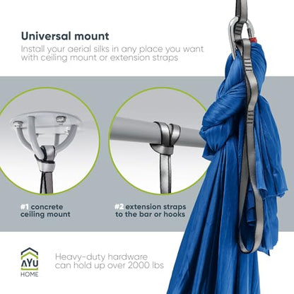 AyuHome Aerial Silks Yoga Swing Aerial Hammock Kit for Home | Premium aerial silks yoga swing kit with rigging hardware for aerial yoga, gymnastics, and home fitness - color: Aerial silk - Precious Blue - New