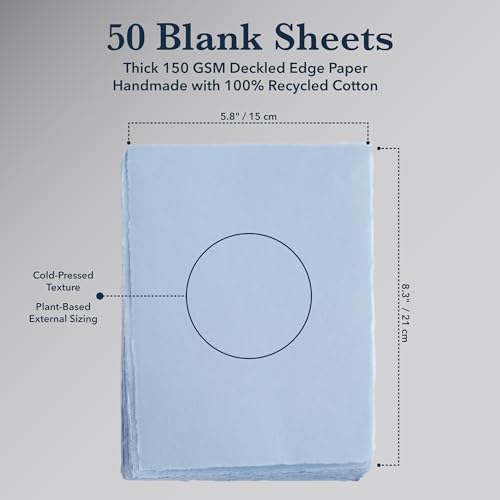 Wanderings A5 Handmade Deckled Edge Cotton Paper - Cold Pressed Texture - Paint, Watercolor, Writing, Printer - Cards, Invitations, Menus, Arts and Crafts. 50 Pack Blue150gsm - 5.8" x 8.3" - color: Blue, size: A5