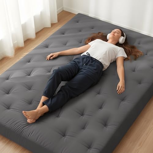 ZonLi Japanese Floor Futon Mattress 100% Cotton Washable Cover Foldable | 75" x 54" Full Size 6" Thick Tatami Mat Sleeping Pad, Roll Up Floor Lounger Bed for Guest, Dormitory, Camping & Travel - color: Grey, size: Full(75"L x 54"W x 6"Th)