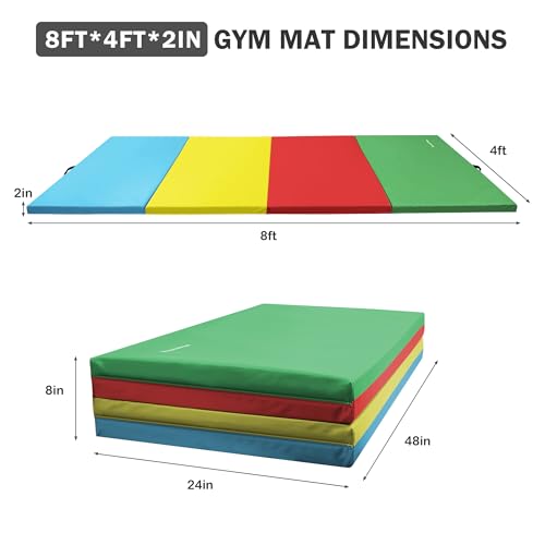 Fitvids 4'x8'x2" Gymnastics Mat, Home Exercise Mat with Carrying Handles, Folding Gym Workout Tumbling Mat for Yoga, Pilates, Stretching, MMA, Core Workouts, Fitness Aerobics Mats for Gym Training - color: Vibrant Colors