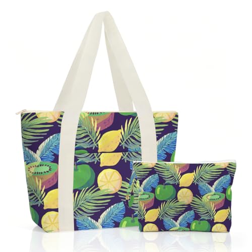 IAXIC Waterproof Tote Bag and Wet Bag Set, Summer Pattern Design for Beach Travel Gym Holiday Gifting - color: Tropical Fruit Mix