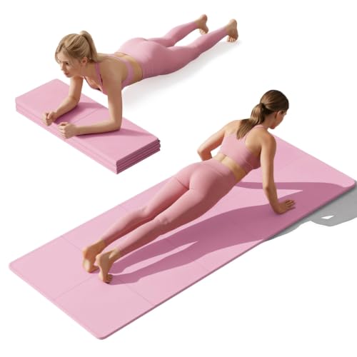 Foldable Yoga Mat Non Slip, Pilates Fitness Mats, 72" x 24" Extra Width ＆ Thick, Anti-Tear Exercise Mat with Carrying Strap and Bag, Workout Mats for Stretching,Yoga Studio,Gym or Home Workouts - color: Pink, size: 0.16"