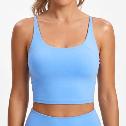 Aoysky Womens Strappy Sports Bra Adjustable Cross Back Longline Crop Top | Buttery soft fabric, Removable padded cups, Convertible straight/cross back, U-neck longline, Yoga gym pilates daily wear - color: Blue, size: X-Large
