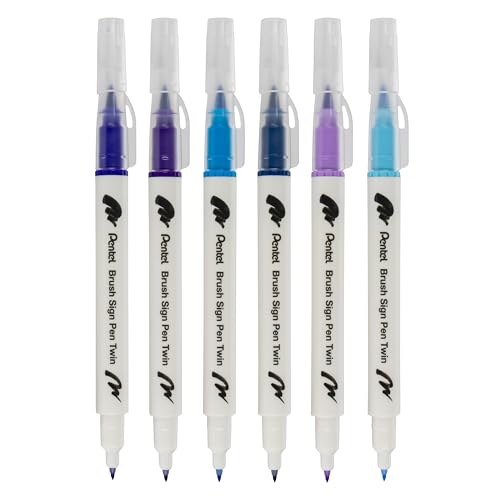 Pentel Arts Sign Pen Twin Brush, Pack of 6 Pens, Blue Hues (SESW30CPC6-2)