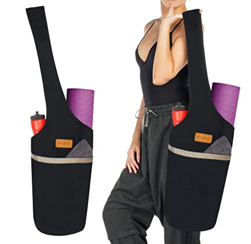 ALLEN & MATE 100% Cotton Canvas Yoga Mat Bag, Fits Mats up to 72 In Long and 7.5 In Thick, Wide Shoulder Strap, Zip Pocket, Blue Stripe - color: Black
