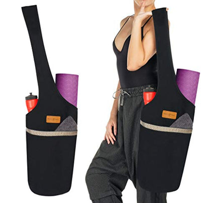 ALLEN & MATE 100% Cotton Canvas Yoga Mat Bag, Fits Mats up to 72 In Long and 7.5 In Thick, Wide Shoulder Strap, Zip Pocket, Blue Stripe - color: Black
