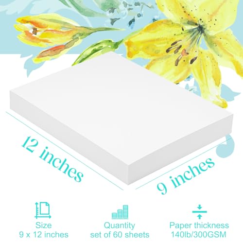 Mixed Media Paper 60 Sheets, 9 X 12 Inches 140 LB/300 GSM Heavyweight Cotton Paper Smooth/Medium Rough Texture Art Paper for Watercolor, Gouache, Marker, Painting, Drawing, Sketching