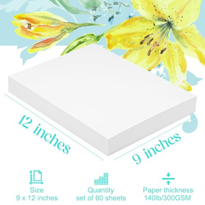 Mixed Media Paper 60 Sheets, 9 X 12 Inches 140 LB/300 GSM Heavyweight Cotton Paper Smooth/Medium Rough Texture Art Paper for Watercolor, Gouache, Marker, Painting, Drawing, Sketching