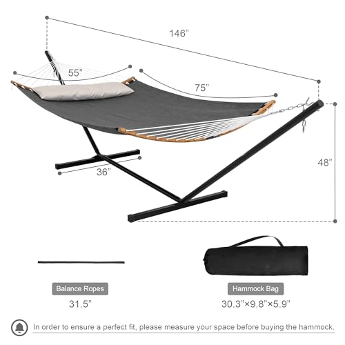 Quick Dry Hammock with 12FT Stand and Carrying Bag, Dark Grey | Double Hammock with Hammock Steel Stand for Indoor, Outside, Garden, Poolside, 450 Lbs Capacity - color: Zquick Dry-dark Grey