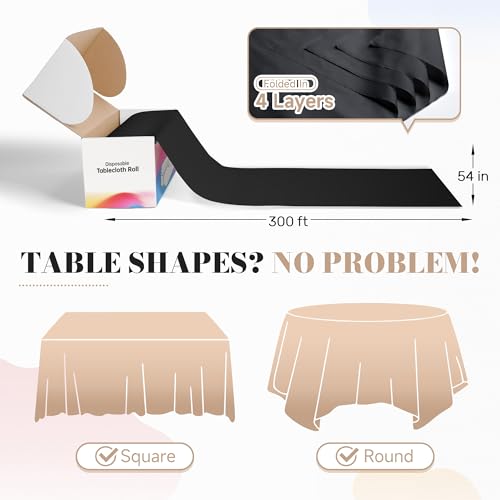 Disposable Table Cloth Plastic, 54In x 300Ft Black Plastic Tablecloth Roll | Black Tablecloth Roll PEVA, Waterproof Premium Table Cover Roll with Slide Cutter for Banquet, Party, Birthday, Festival - color: Black, size: 54" x 3600" (Rectangular)