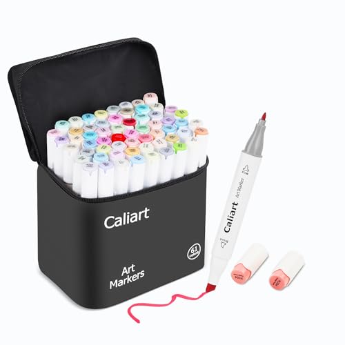 Caliart Pastel Alcohol Markers 61 Colors Fine & Chisel Dual Tip Art Markers | Coloring Markers Set with Carrying Case for Adults Coloring Book Drawing Sketching Painting Illustration - color: Pastel, size: 1 Count (Pack of 61)