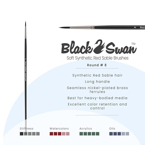Black Swan Synthetic Red Sable Round Paint Brushes - Round Size # 8 - Professional Quality Long Handle Paint Brushes for Oil, Heavy Body Media and Acrylic - Artists of All Levels - size: Size 8