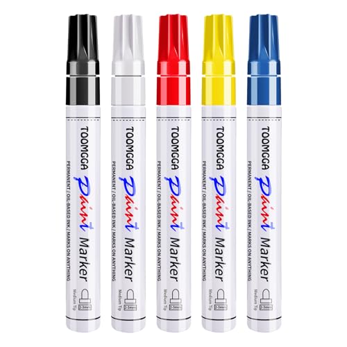 TOOMGGA Paint Pens Permanent Paint Markers, 5 Colors Oil Based Marking Pen | Medium Point, Quick Drying, Fade-resistant, Waterproof Pens for Rock Painting, Car Tyre, Metal, Plastic, Canvas, Wood, Glass