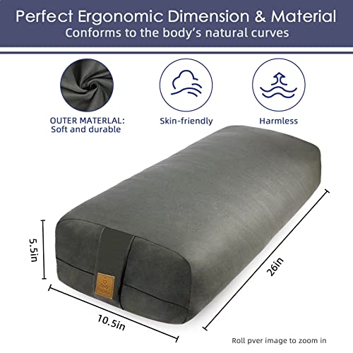 Yoga Bolster Pillow 26x10.5x5.5in Rectangular Meditation Cushion for Massage and Back Support, Breathable Cotton Fill, Zippered Organic Cotton Cover, Easy-Carry Handle, Machine Washable (Black) - color: Black-1