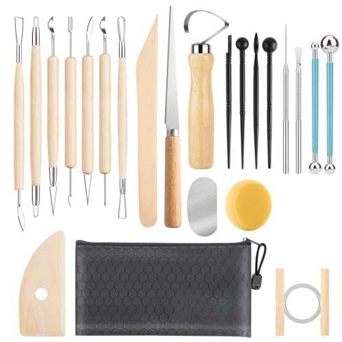 23PCS Clay Tools Sculpting, Ceramic & Pottery Modeling Tool, Ceramics Tools Set, Polymer Tools Kit, Air Dry Clay Tools for Carving, Molding, Pottery Wheel, Crafting Supplies, Pros, Beginners, Adults - color: Wood-23PCS