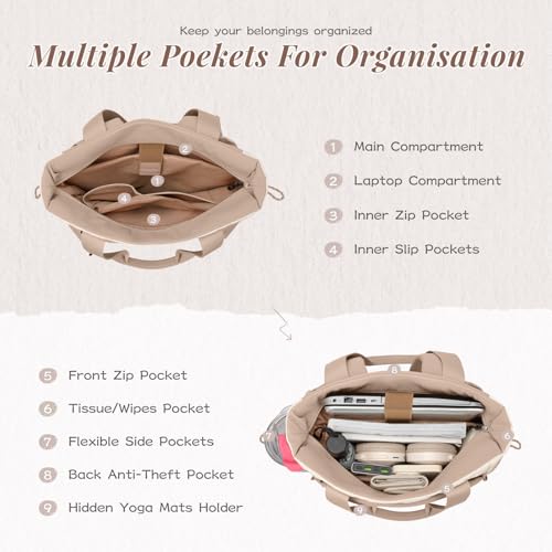 GOLF SUPAGS 3-in-1 Laptop Tote Backpack for Women 15.6" Quilted Work Gym Bag with Hidden Yoga Mat Carrier for Travel Leisure (Gravel Brown & Beige) - color: Gravel Brown & Beige