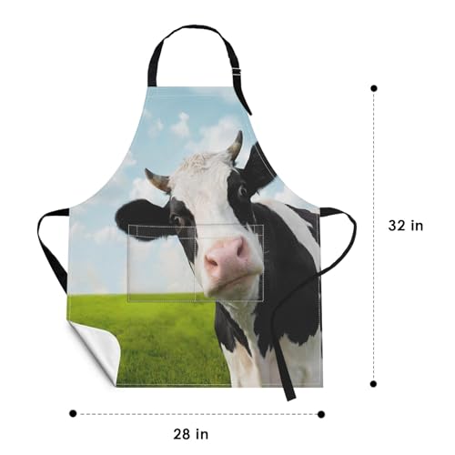 Apron with Pockets, 32x28 inch, for Women Men, Cow Green | Funny Grassland Waterproof Adjustable Bib Aprons for Kitchen Cooking Baking Painting Gardening - color: Green