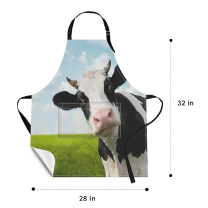 Apron with Pockets, 32x28 inch, for Women Men, Cow Green | Funny Grassland Waterproof Adjustable Bib Aprons for Kitchen Cooking Baking Painting Gardening - color: Green
