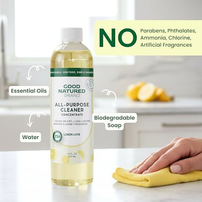Good Natured Brand All-Purpose Cleaner Concentrate | Multi-Surface Cleaner | Natural Lemon Essential Oil | Multipurpose Cleaner Concentrate All Surfaces | Lemon Love | 16oz makes 256oz - size: 16 Fl Oz