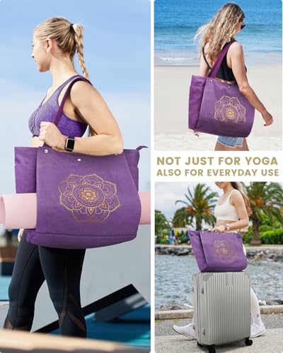 Gonex Yoga Mat Bag For Women Canvas Tote Pilates Gym Bag With Mat Carrier - color: Purple, size: Large(17.7×6.1×15.3inch)