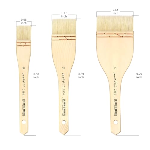 XDT#2856 Hake Paint Brush Set, 3Pcs Flat Hog Bristle Wash Brushes (0.98", 1.77", 2.64") for Watercolor, Pottery Glaze, Encaustic, Gesso, and Large Area Painting - size: 3Pc Hog Bristle