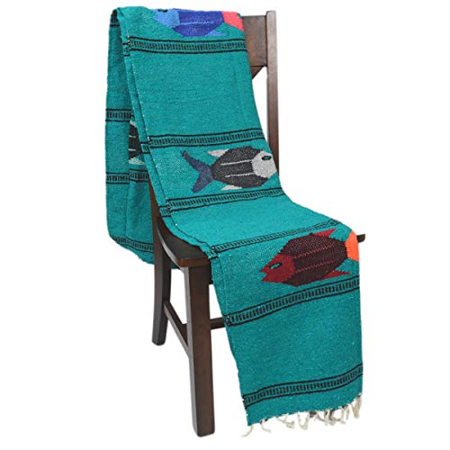 Open Road Goods Thick Mexican Yoga Blanket - Serape Fish Design - Handmade (Turquoise) - color: Turquoise