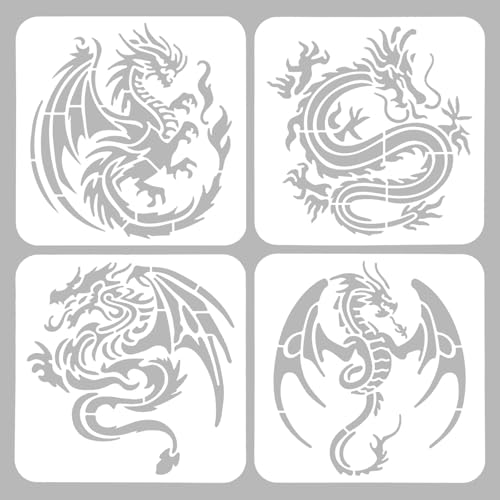 ORIGACH 4 Pcs Western & Chinese Dragon Stencils - 7.8x7.8 inch | Reusable Western & Chinese Dragon Large Stencils for Drawing, Painting on Wood, Canvas, Wall - style: Dragon