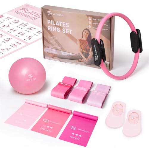 LIONSCOOL Pilates Ring Set 14" Magic Circle, 9" Mini Ball, Resistance Bands | Foam-Padded Fiberglass Pilates Ring, 400 lb Anti-Burst Ball, Latex & Fabric Bands, Socks, Guide & Bag, Pilates Equipment Kit