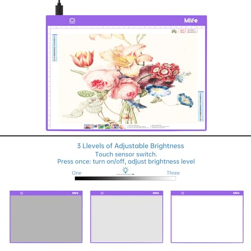Mlife Diamond Art Painting Storage Boxes,1 Diamond Painting A4 Light Box Tracing Light Board with 3 Brightness, 80 Slots Bead Storage with 5D Diamond Art Accessories and Tools Kit（Purple） - color: purple