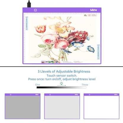 Mlife Diamond Art Painting Storage Boxes,1 Diamond Painting A4 Light Box Tracing Light Board with 3 Brightness, 80 Slots Bead Storage with 5D Diamond Art Accessories and Tools Kit（Purple） - color: purple