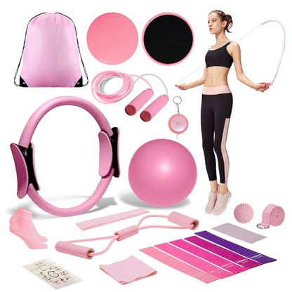 Pilates Essential Kit, Pilates Equipment Set for Women with Pilates Ring and Ball Set, Resistance Bands, Jump Rope and Core Sliders at Home Pilates Kit for Women Yoga Fitness Workouts&Better Me Gifts
