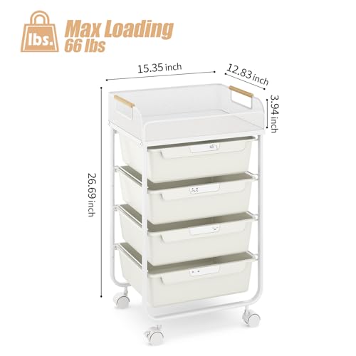 SYKIARIOL 4-Drawer Rolling Storage Cart with Mesh Top,White | Utility Craft Organizer Cart on Wheels with 4 DIY Labels, Rolling Drawer Cart for Home Office Classroom Bedroom - color: Cream White