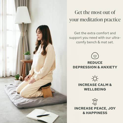 Mindful Modern Bamboo Bench and Zabuton Meditation Mat Bundle - Small Kneeling Meditation Bench with Locking Magnetic Hinges - Wooden Kneeling Ergonomic Bamboo Seiza and Mat for Meditation
