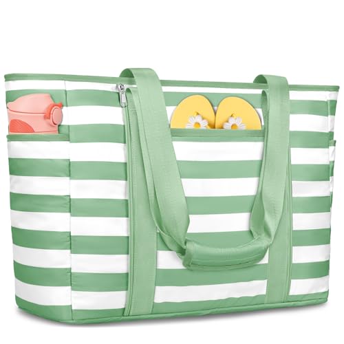 Extra Large Beach Bags for Women, Waterproof Sandproof Beach Tote Bag Foldable Swim Pool Bag with Zipper and Wet Pocket - color: Grass Green White