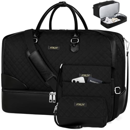 ITIEZY Weekender Bag for Women 21.5" Travel Duffel Large Carry On Bag 3PCS | Nylon Duffel Bag with Waterproof Shoe Compartment, Crossbody Bag and Toiletry Bag, Travel Weekend Hospital Overnight Gym Bag - color: 9-black