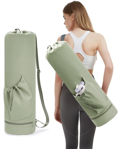 sportsnew Yoga Mat Bag with Water Bottle Pocket & Wet Pocket for Women - color: Sage Green, size: Large
