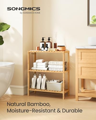 SONGMICS 3-Tier Bamboo Shelf, Freestanding Bathroom Storage Rack - color: Light Bamboo, size: 3 Tiers (10.2"D x 23.6"W x 26"H)