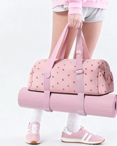 Hihealer Strawberry Gym Bag for Women & Girls, Corduroy Yoga Mat Bag with Holder, Large Capacity Dance Duffel Bag for Pilates, Travel Weekender Bag with Wet Pocket