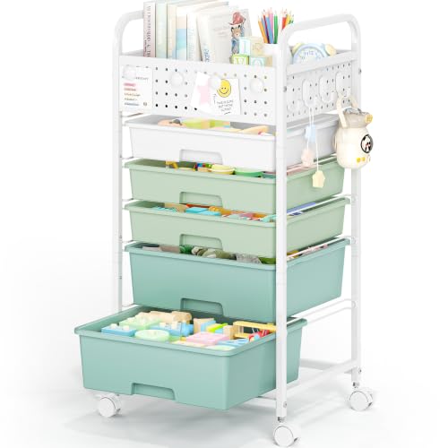 5 Drawer Rolling Storage Cart with Pegboard Top and Hooks, Gradient Green | Mobile Organizer Cart with Wheels for Office Supplies, Craft Storage, Classroom Organization, Home Utility Cart - color: Gradient Green, size: 5-Drawers