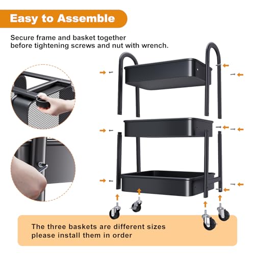 3 Tier Black Rolling Cart with Wheels, Metal Three Tiered Utility Roller Shelf on Wheels, Storage Carts Organizer for Craft, Art Supply, Snack, Laundry, Bathroom, Baby Essentials, Diaper Caddy,Nursery - color: Black