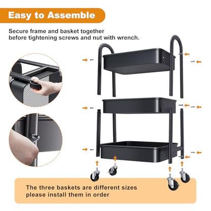 3 Tier Black Rolling Cart with Wheels, Metal Three Tiered Utility Roller Shelf on Wheels, Storage Carts Organizer for Craft, Art Supply, Snack, Laundry, Bathroom, Baby Essentials, Diaper Caddy,Nursery - color: Black