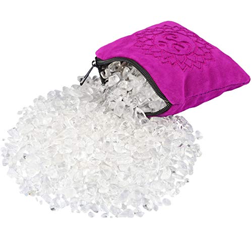 SUNYIK Natural Rock Quartz Tumbled Chips Stones with Crown Chakra Pillow | 0.5LB/230g Crushed Crystal Quartz Chips for 7 Chakra Healing Meditation Yoga Reiki Energy Balancing - color: White/Fuchsia -1